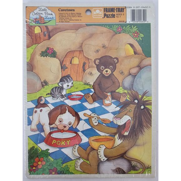 Vintage 1989 Golden Book Frame Tray Puzzle 9 Pc "Cavetown" Dog Pokey Lion Cat Be - Picture 1 of 1